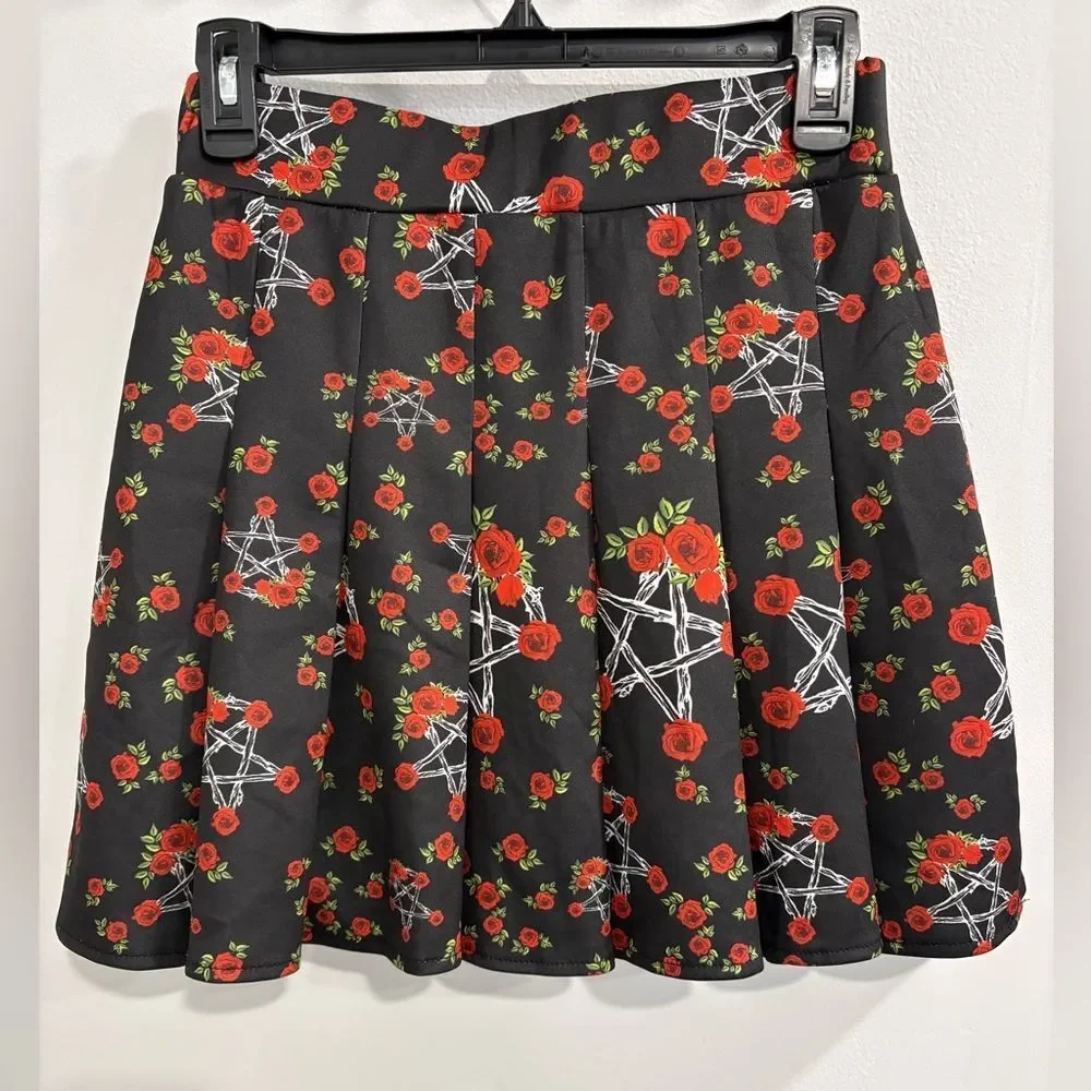 Elegant Black Skater Skirt with Red Rose Pentagram Floral Design